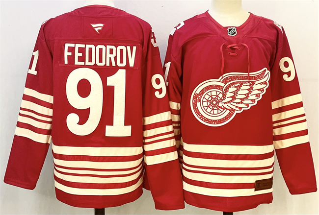 Men's Red Detroit Red Wings #91 Sergei Fedorov 2025-26 Centennial Premium Stitched Hockey Jersey
